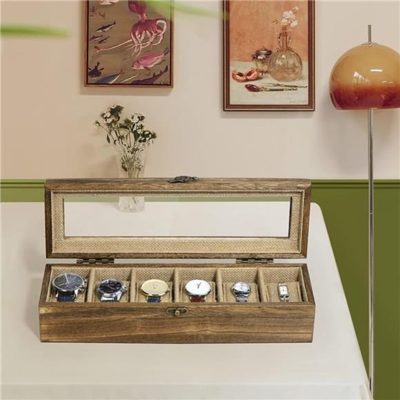 Watch Box Case Organizer Display for Men Women, 6 Slot Wood Box with Glass Top - Picture 2 of 7